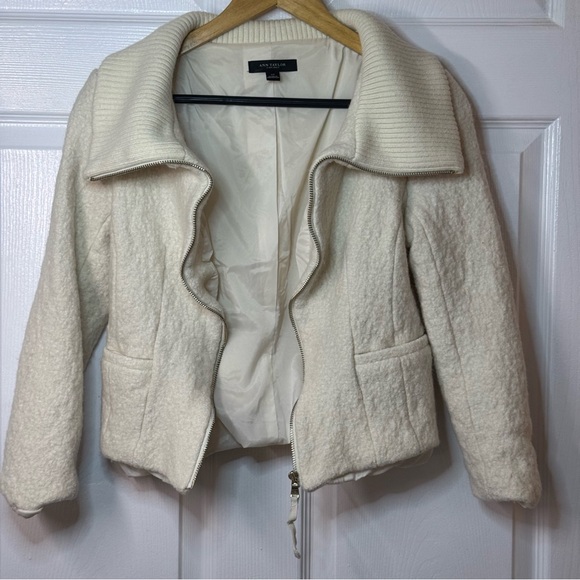 Ann Taylor Wool Sweater Jacket Coat Gold Zipper Off white Sz 12 Over Coat - Picture 11 of 16